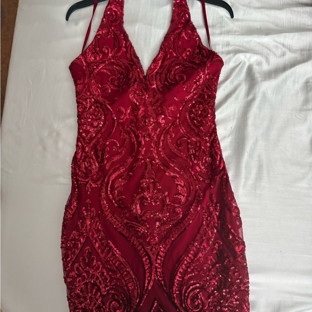 B Darlin Red Backless Sequin Dress